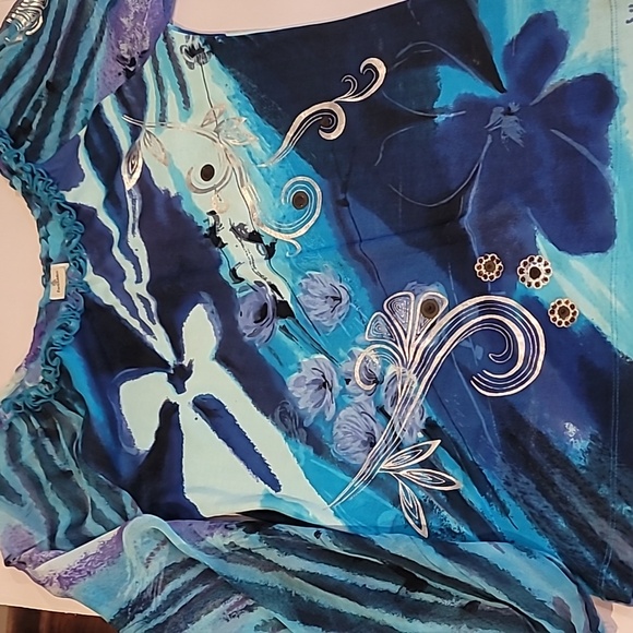 Forbidden Blue Ruffle Neck-line Sheer Balloon Sleeves Blouse - Picture 17 of 17